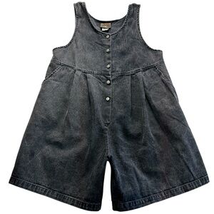 Vintage Blue 80's Acid Wash 100% Cotton Button Down Romper Shorts Pockets S #261